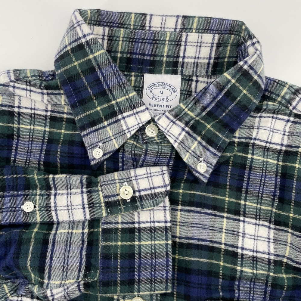 Brooks Brothers Regent Fit Flannel Shirt Mens Medium Blue Green Plaid Cotton LS